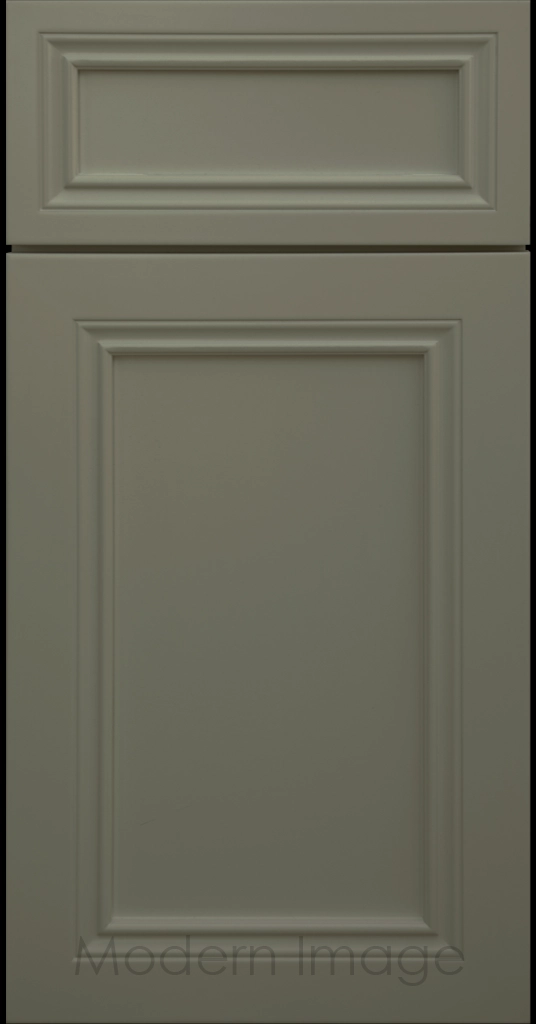 Close-up of Corona cabinets in Evergreen with mitered molding and flat center panel.